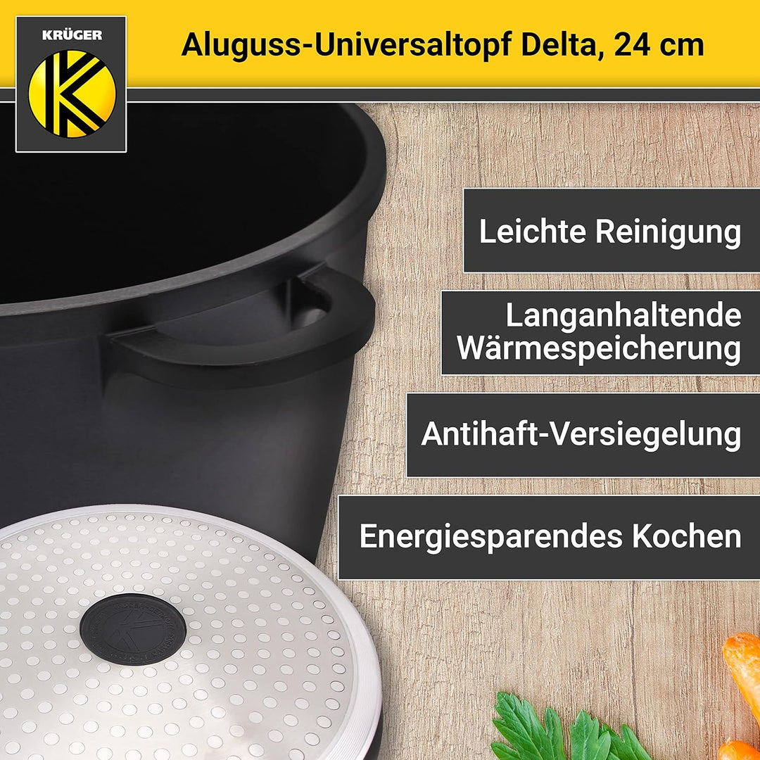Krüger Aluguss-Universaltopf Delta mit Glasdeckel - 24 cm - Kochtopf für gesunde & fettarme Speisen