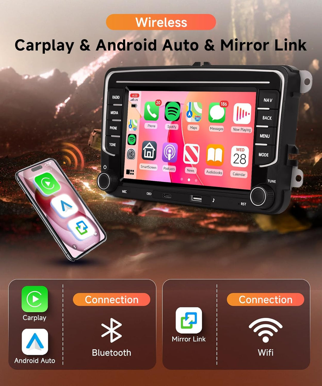 Rimoody 4G+64G Android Autoradio für VW Golf 5 6 Passat Polo Tiguan Touran Caddy Skoda SEAT mit Wire