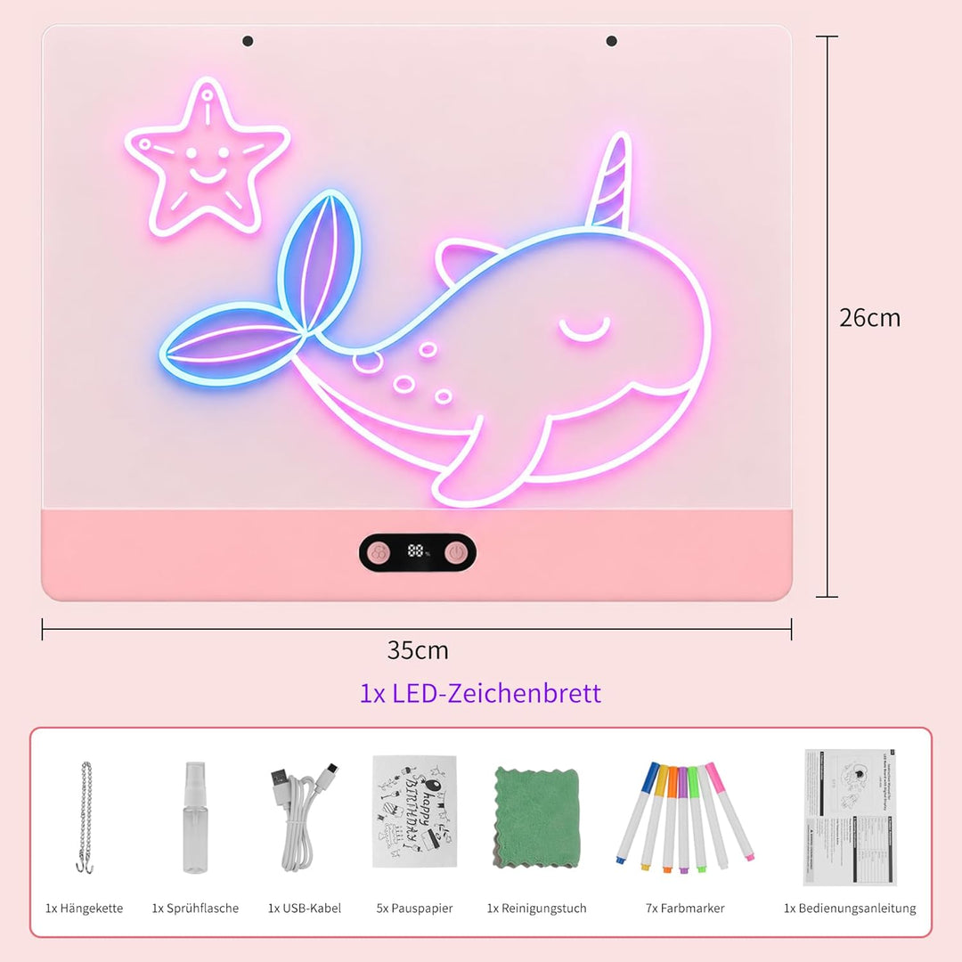 LED Zeichenbrett mit digitaler Akkuanzeige – 35x26cm Acryl Maltafel (Pink) mit 8 Farben & 7 Neon-Sti
