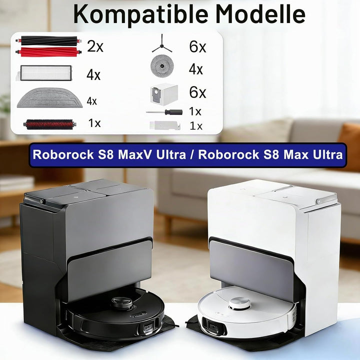 Zubehör für Roborock S8 MaxV Ultra / S8 Max Ultra, 4 Hauptbürste, 4 Wischtücher, 4 Filter, 6 Staubbe