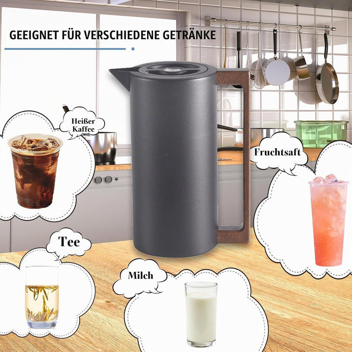 Thermoskanne Kaffeekannen Edelstahl Vakuum Isolations, Mit Holzgriff Und Einfachem Sicherheitsdruckk