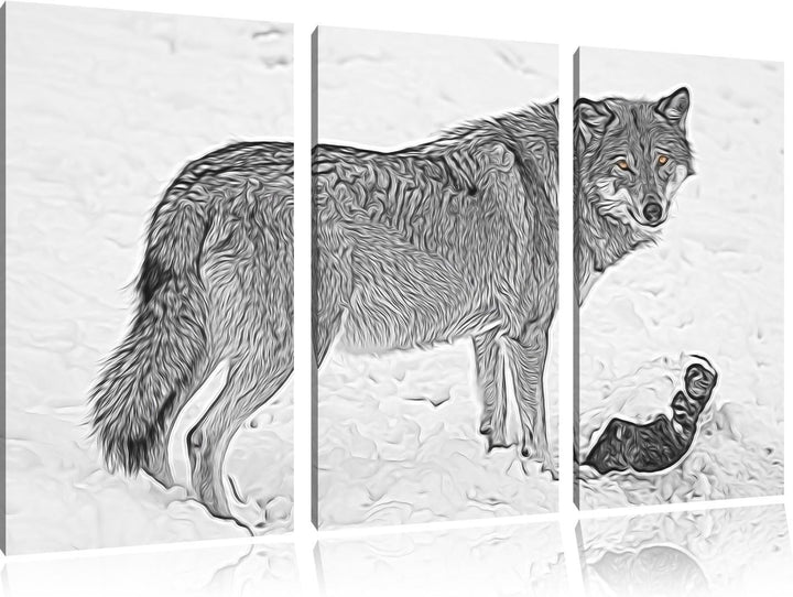 prächtiger Wolf im Schnee schwarz/weiss Deluxe 3-Teiler Leinwandbild 120x80 Bild auf Leinwand, XXL r