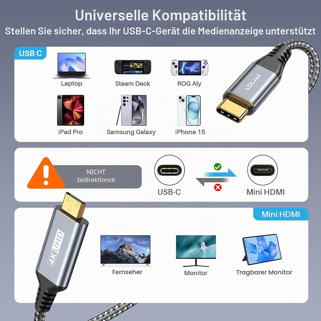 LDLrui USB-C zu Mini-HDMI-Kabel 1.5M 4K60Hz Einbahnverkehr für Heim-Office | Type C zu Mini HDMI 2.0