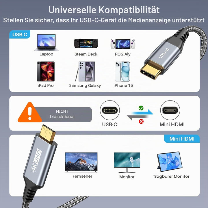 LDLrui USB-C zu Mini-HDMI-Kabel 1.5M 4K60Hz Einbahnverkehr für Heim-Office | Type C zu Mini HDMI 2.0