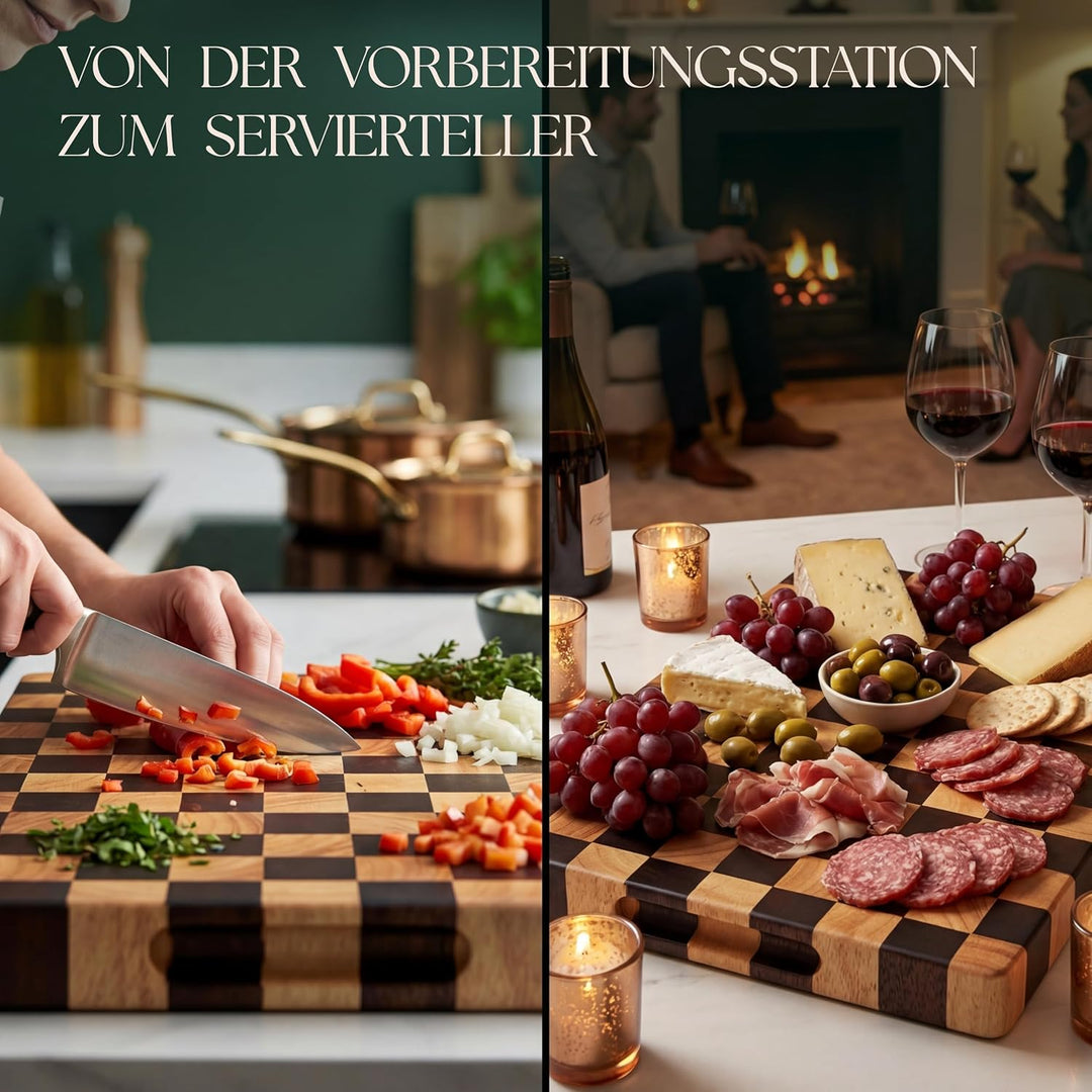 Deer & Oak Stirnholz Akazien Schneidebrett mit Schachmuster & lebensmittelechtem Öl Set – 45 x 31 x