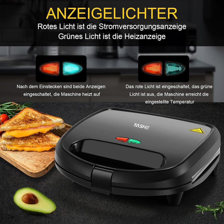 YASHE Sandwichmaker für 2 Sandwiches, Sandwichtoaster 750W mit Antihaftbeschichtung, schnelles Aufhe