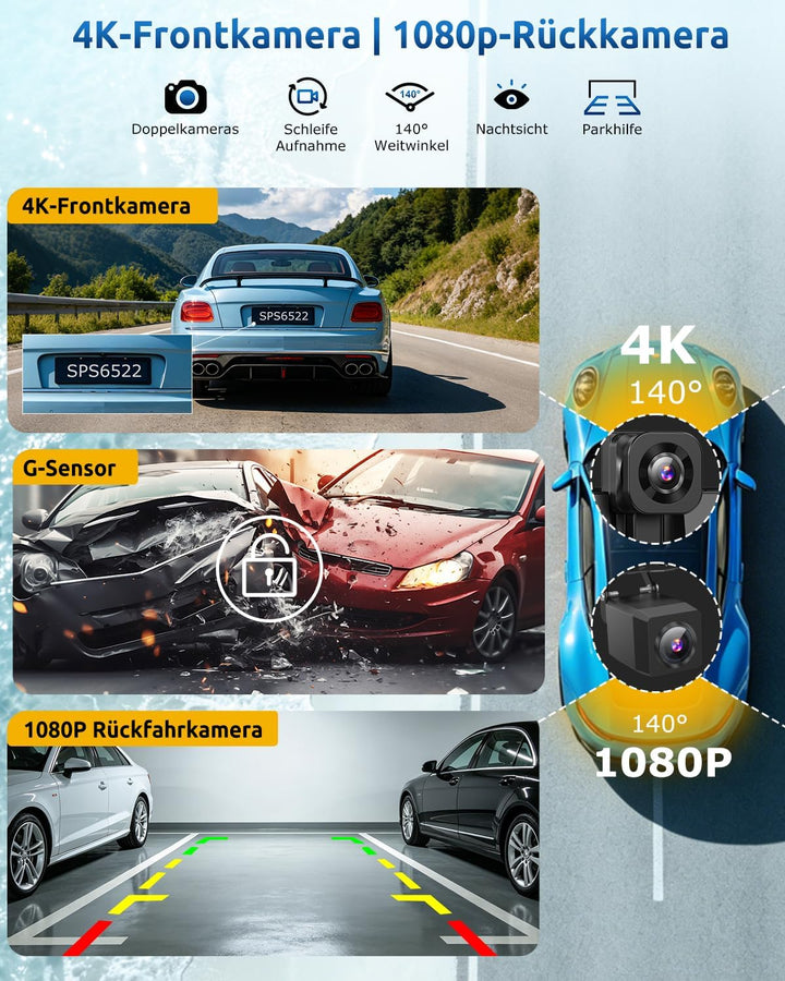 ESSGOO 11 Zoll Kabelloses CarPlay Display mit 4K 360° drehbare Frontkamera 1080P Rückfahrkamera Drah