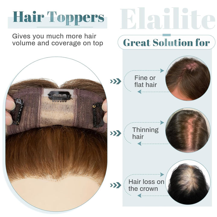 Elailite Topper Echthaar Damen, Topper Clip in Toupet Frauen, Seide Basis 130% Dichte Remy Silk Base