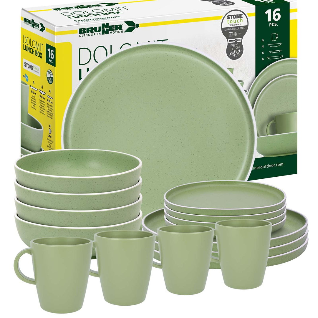 BRUNNER: Melamin Geschirr-Set Camping | 16-Teilig - Teller & Kaffe-Becher für 2-4 Personen | DOLOMIT