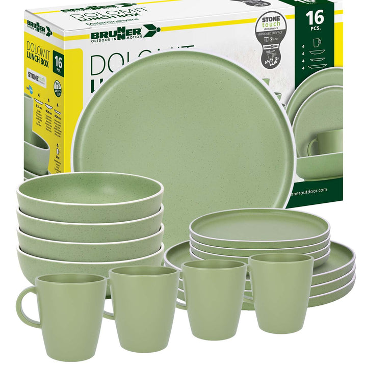 BRUNNER: Melamin Geschirr-Set Camping | 16-Teilig - Teller & Kaffe-Becher für 2-4 Personen | DOLOMIT