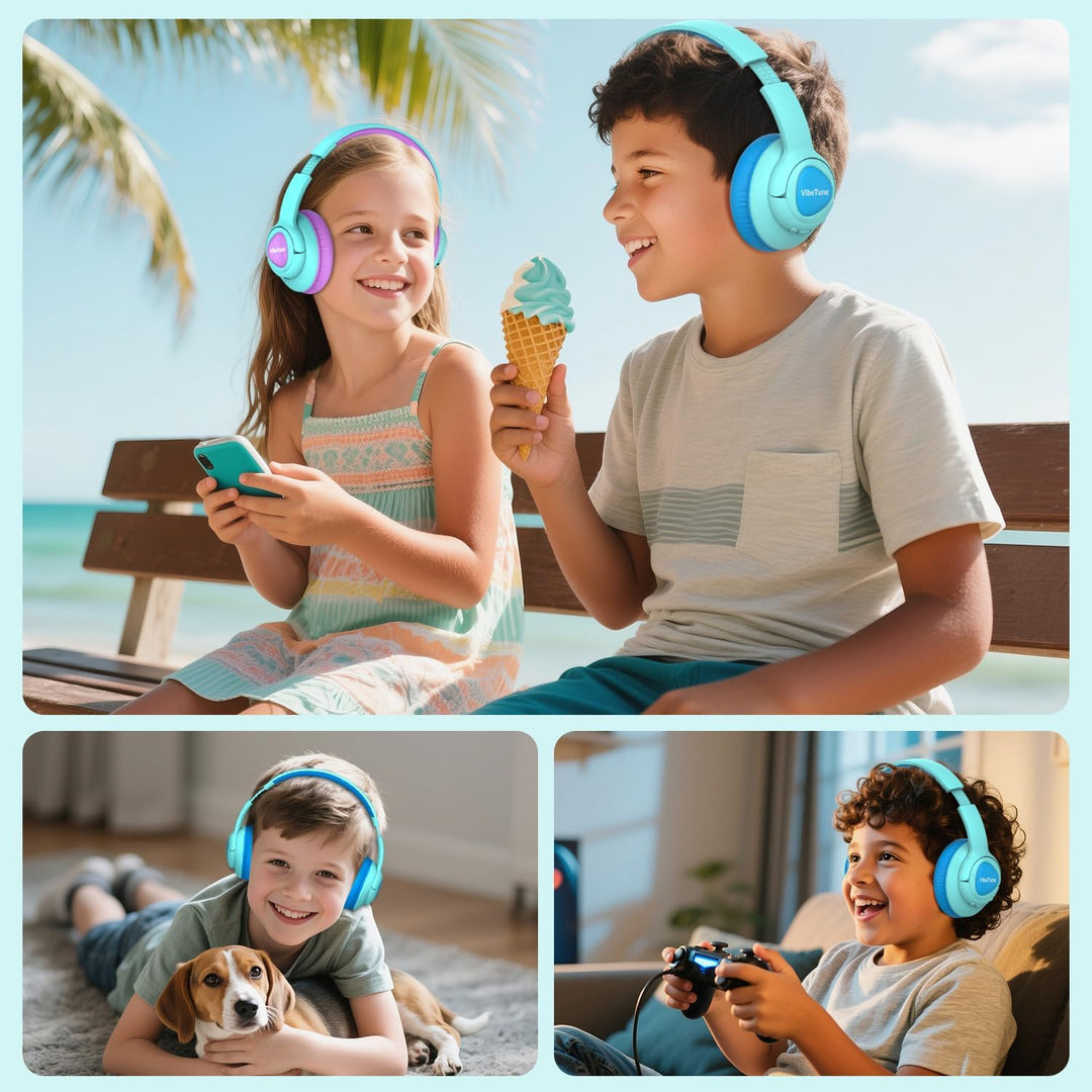 VibeTune Kinder Bluetooth Kopfhörer, 60 Stunden Spielzeit, Lautstärkebegrenzung 85/94dB, Bluetooth 5