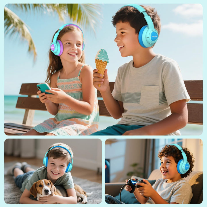 VibeTune Kinder Bluetooth Kopfhörer, 60 Stunden Spielzeit, Lautstärkebegrenzung 85/94dB, Bluetooth 5