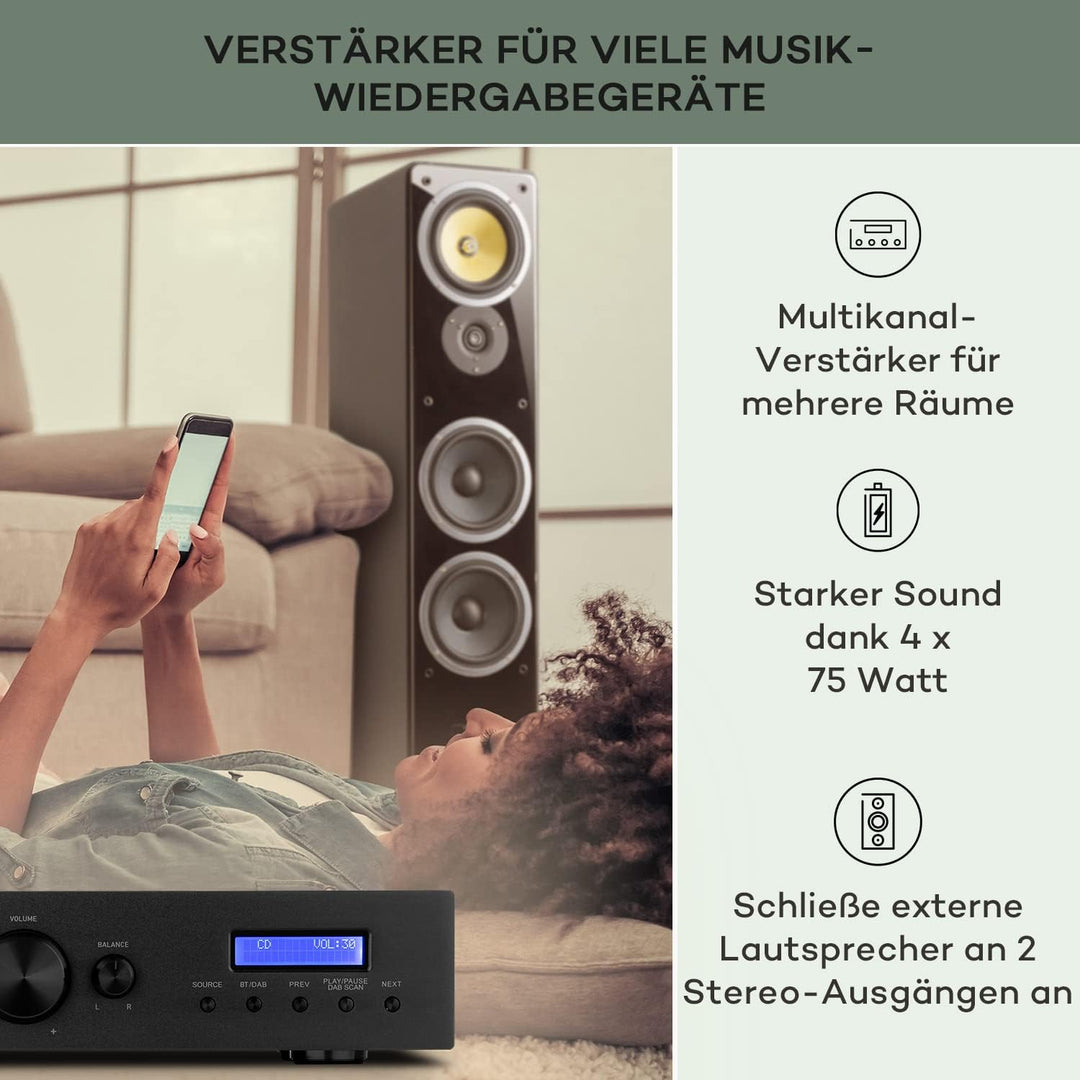 auna AMP-CD608 DAB HiFi Stereo-Amplifier Verstärker, Ausgangsleistung: 4 x 100 Watt RMS an 4 Ohm, 2