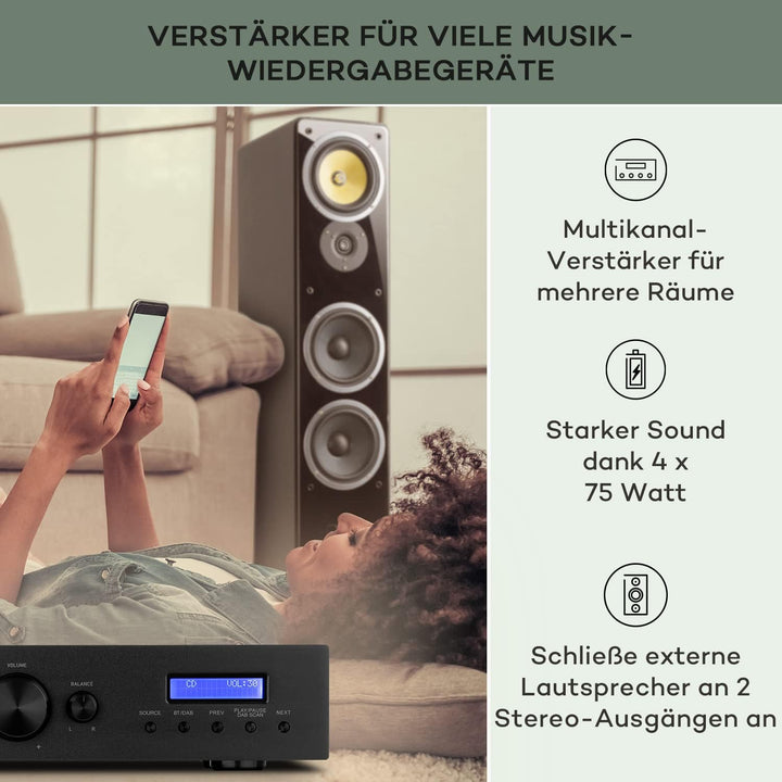 auna AMP-CD608 DAB HiFi Stereo-Amplifier Verstärker, Ausgangsleistung: 4 x 100 Watt RMS an 4 Ohm, 2
