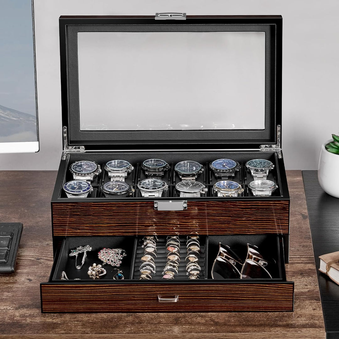 BEWISHOME 12 Uhrenboxen für Herren, luxuriöser Uhren-Organizer mit Schublade, mit ultraglattem PU-Le