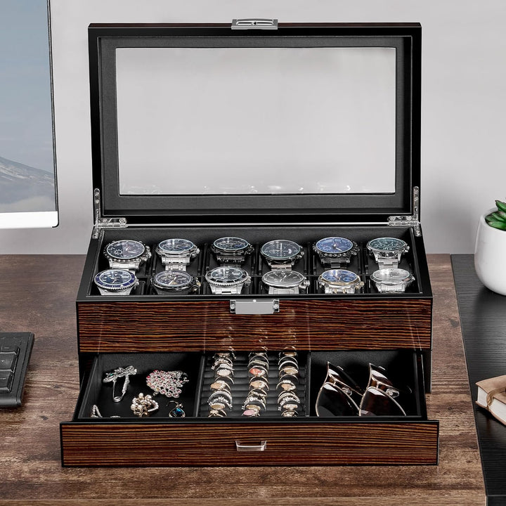 BEWISHOME 12 Uhrenboxen für Herren, luxuriöser Uhren-Organizer mit Schublade, mit ultraglattem PU-Le