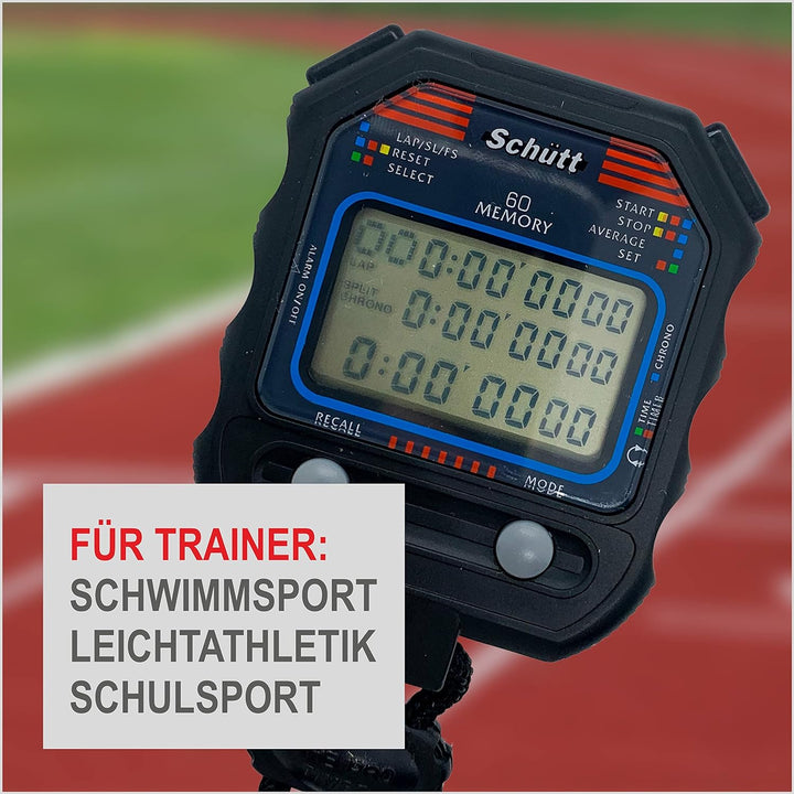 SCHÜTT Stoppuhr PC-90 (60 Memory Speicher | Uhrzeit & Datum | Dualtimer) - Digital Profi Stoppuhr mi