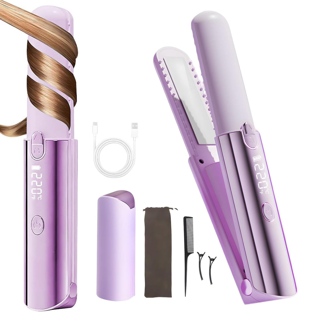 3-in-1 kabelloser Glätteisen und Lockenstab, Mini-Haarglätter mit max. 220 °C, tragbar mit 7 Tempera