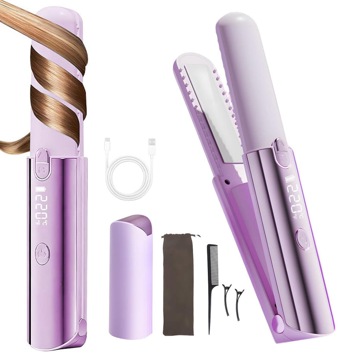 3-in-1 kabelloser Glätteisen und Lockenstab, Mini-Haarglätter mit max. 220 °C, tragbar mit 7 Tempera