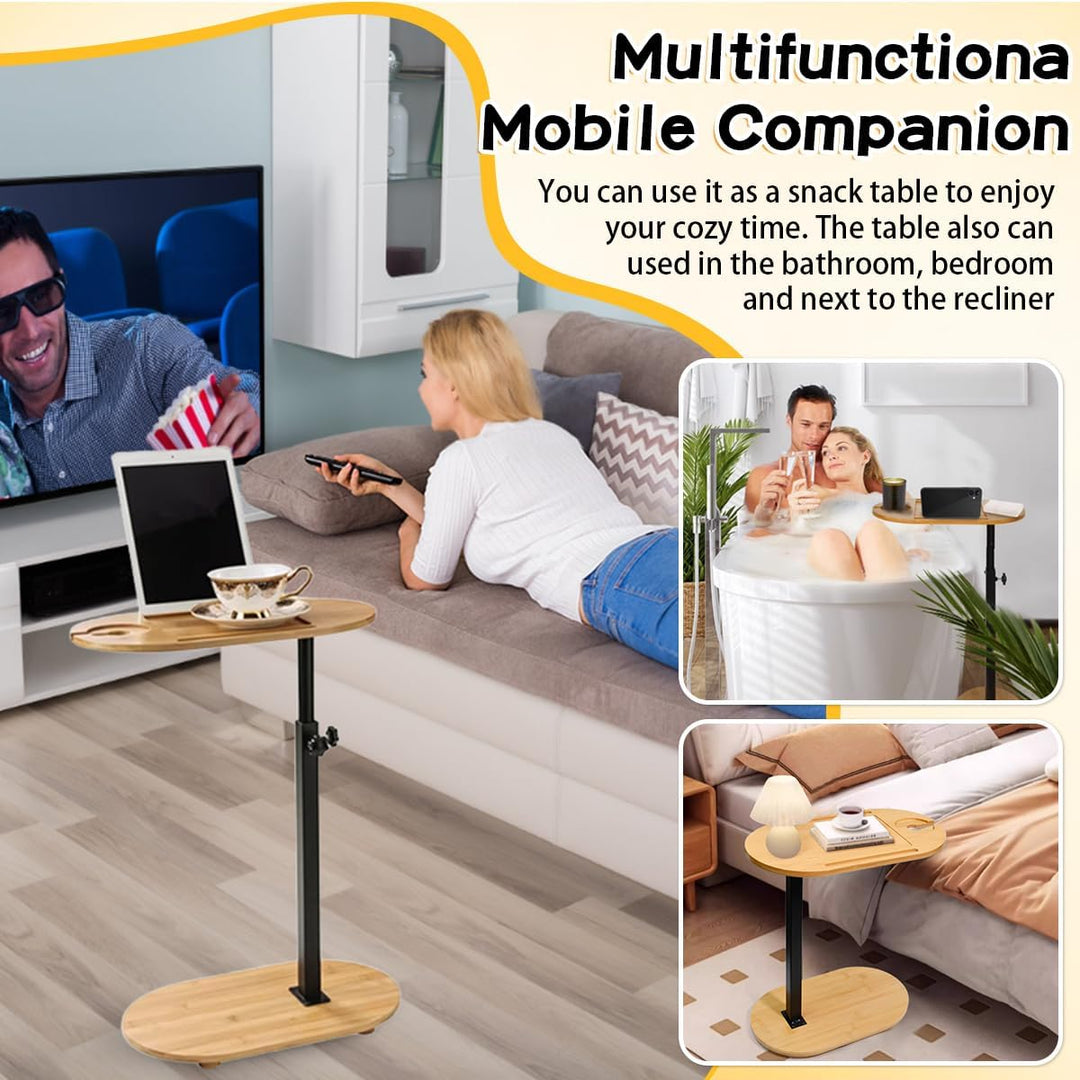 Beistelltisch C Form Höhenverstellbar 40-80cm Kleiner Couchtisch 360°Rotierend Bambus Mobiler Kaffee