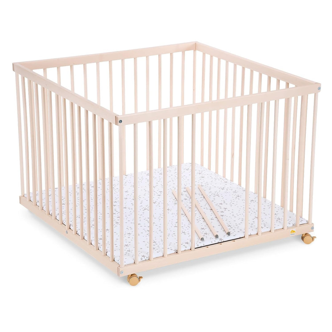 FabiMax Baby Laufgitter 100x100 Natur, stufenlos höhenverstellbar, mit Schlupfsprossen, Laufstall au