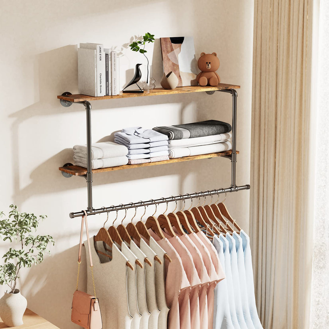unho Kleiderstange zur Wandmontage, Wandgarderobe mit 2 Ablage im Industrierohrstil, Wandgarderoben