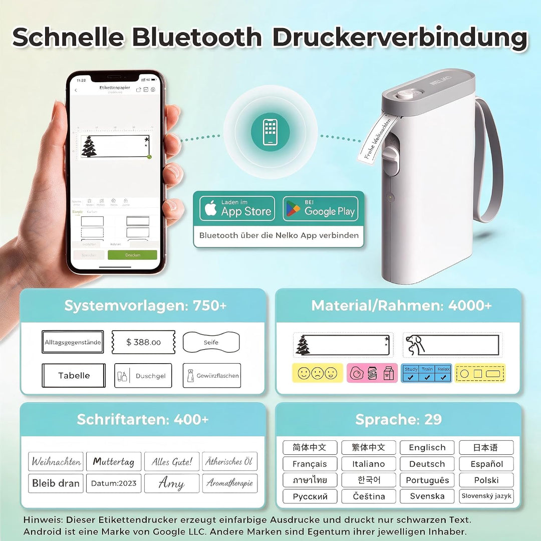 Nelko Etikettendrucker, Bluetooth P21 Selbstklebendes Etikettiergerät Tragbarer beschriftungsgerät s