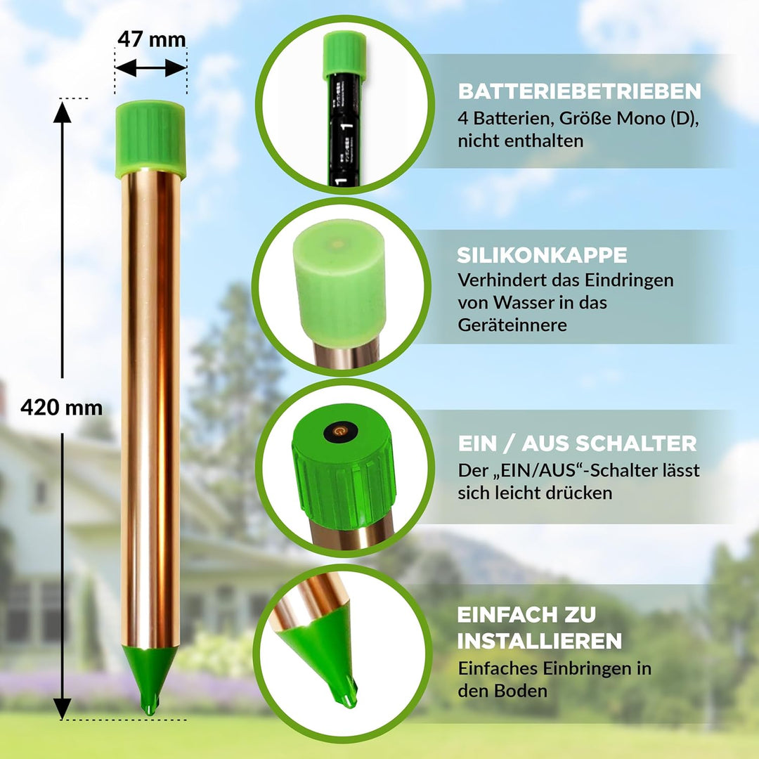 ISOTRONIC Maulwurfabwehr zum Vertreiben von Maulwürfen, Wühlmäusen & Schlangen – batteriebetriebener