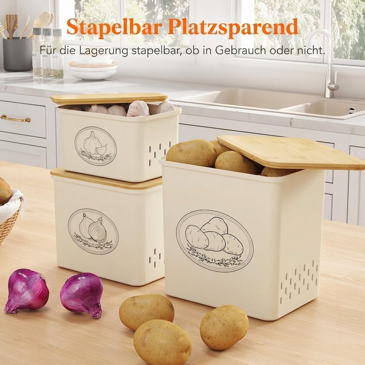 Lifewit 3er Set Kartoffel Aufbewahrungsbox, zwiebel aufbewahrung, Beige | Kunststoff behälter für Ka