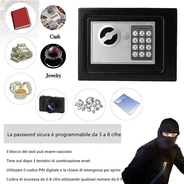 Kleiner elektronischer Mini-Safe, mobiler Sicherheitskasten, tragbarer digitaler Safe mit 2 Notöffnu