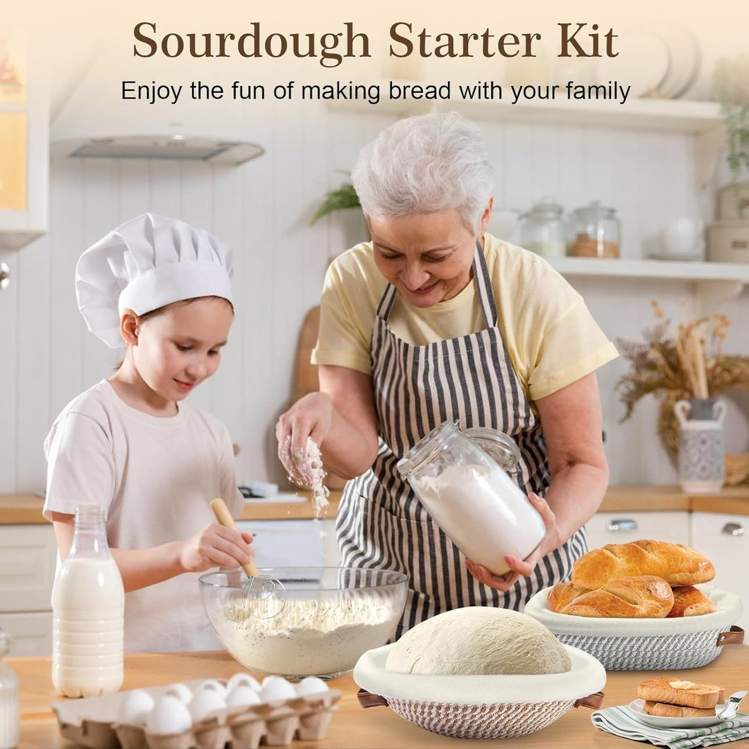 Sauerteig Starter Set, 13PCS Brotbackset Ausrüstung mit 2 Handgeflochtenen Gärkörben, 1000 ml Glas,