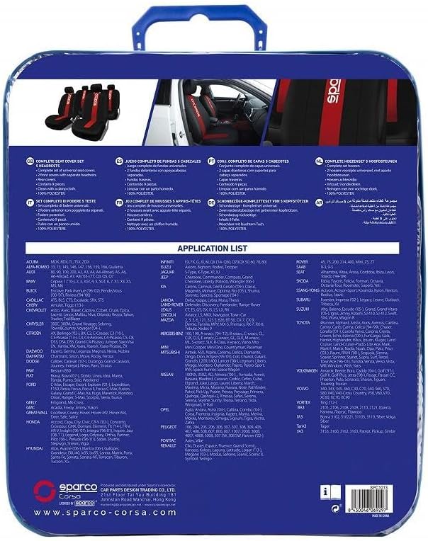 Sparco SPC1013 Set von Abdeckungen für Autositze, schwarz und rot, Modell CLASSIC, 9 Stück, Red