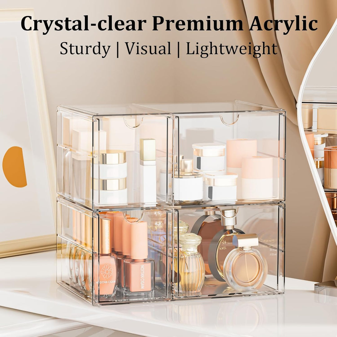 Make Up Organizer mit 4 Schubladen: 2er-Set Acryl Organizer mit Anti-Rutsch-Pads | Stapelbare Schubl