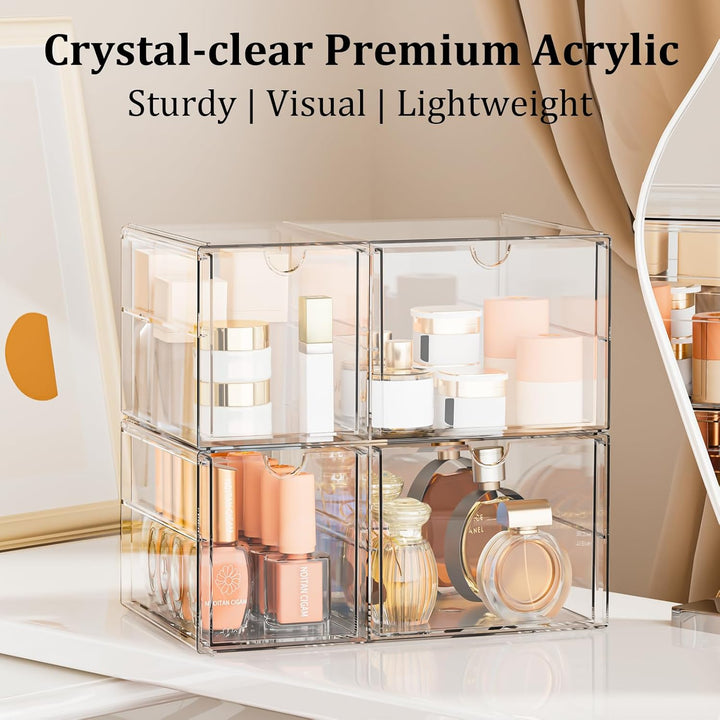 Make Up Organizer mit 4 Schubladen: 2er-Set Acryl Organizer mit Anti-Rutsch-Pads | Stapelbare Schubl