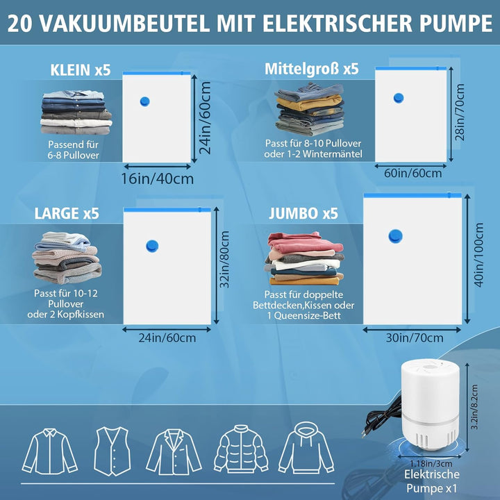 Vakuumbeutel für Kleidung 20 Stück mit Elektrischer Luftpumpe Vakuumierbeutel (5xJumbo/5xGross/5xMit