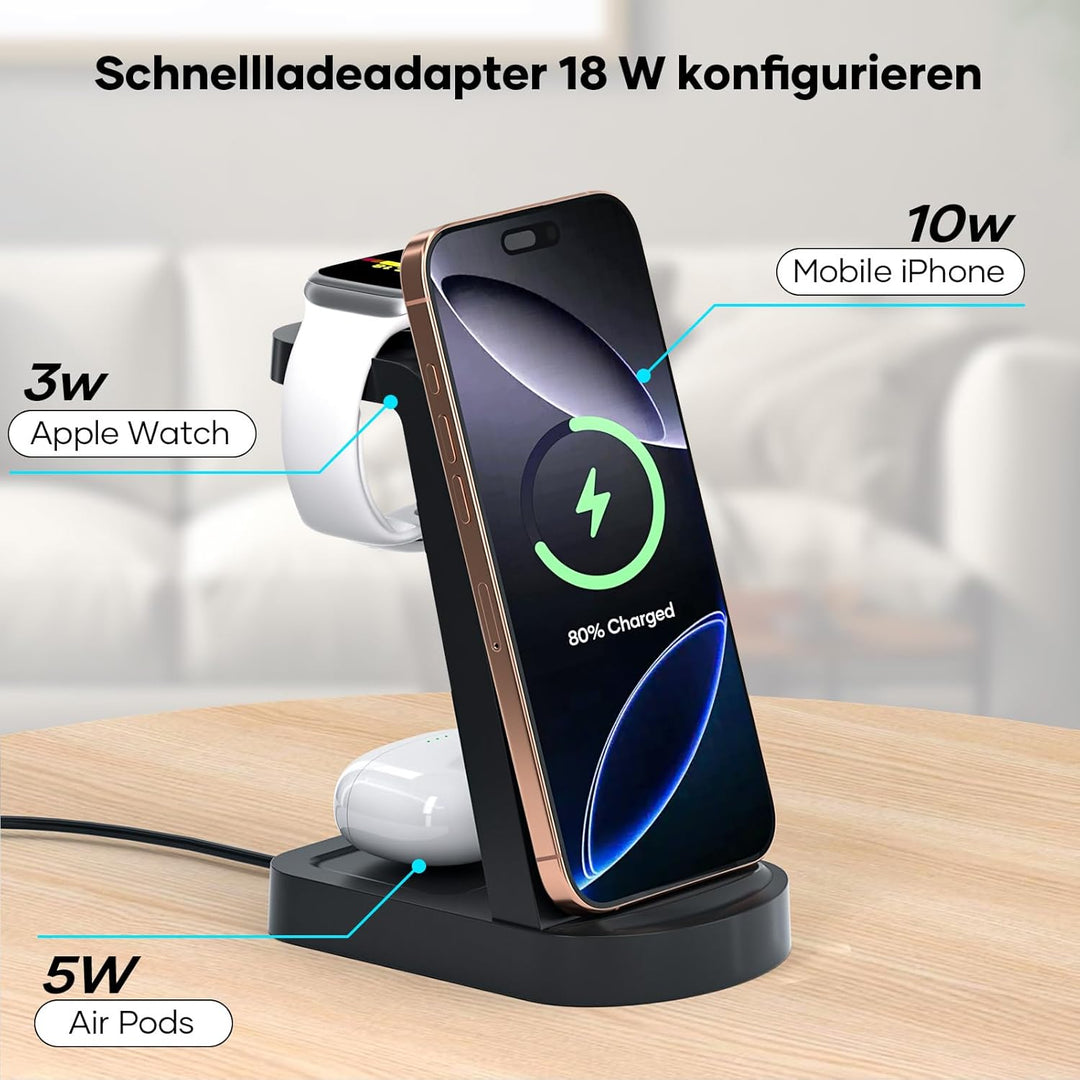 Kabellose Ladestation,3 in 1 Ladestation Kabelloses Ladegerät(Mit 18W Adapter) Wireless Charger komp
