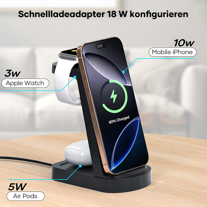 Kabellose Ladestation,3 in 1 Ladestation Kabelloses Ladegerät(Mit 18W Adapter) Wireless Charger komp