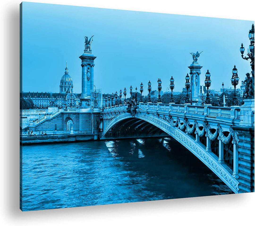 deyoli Brücke am Seineufer in Paris Format 80x60 Effekt: Monocrome Blau als Leinwandbild, Motiv fert