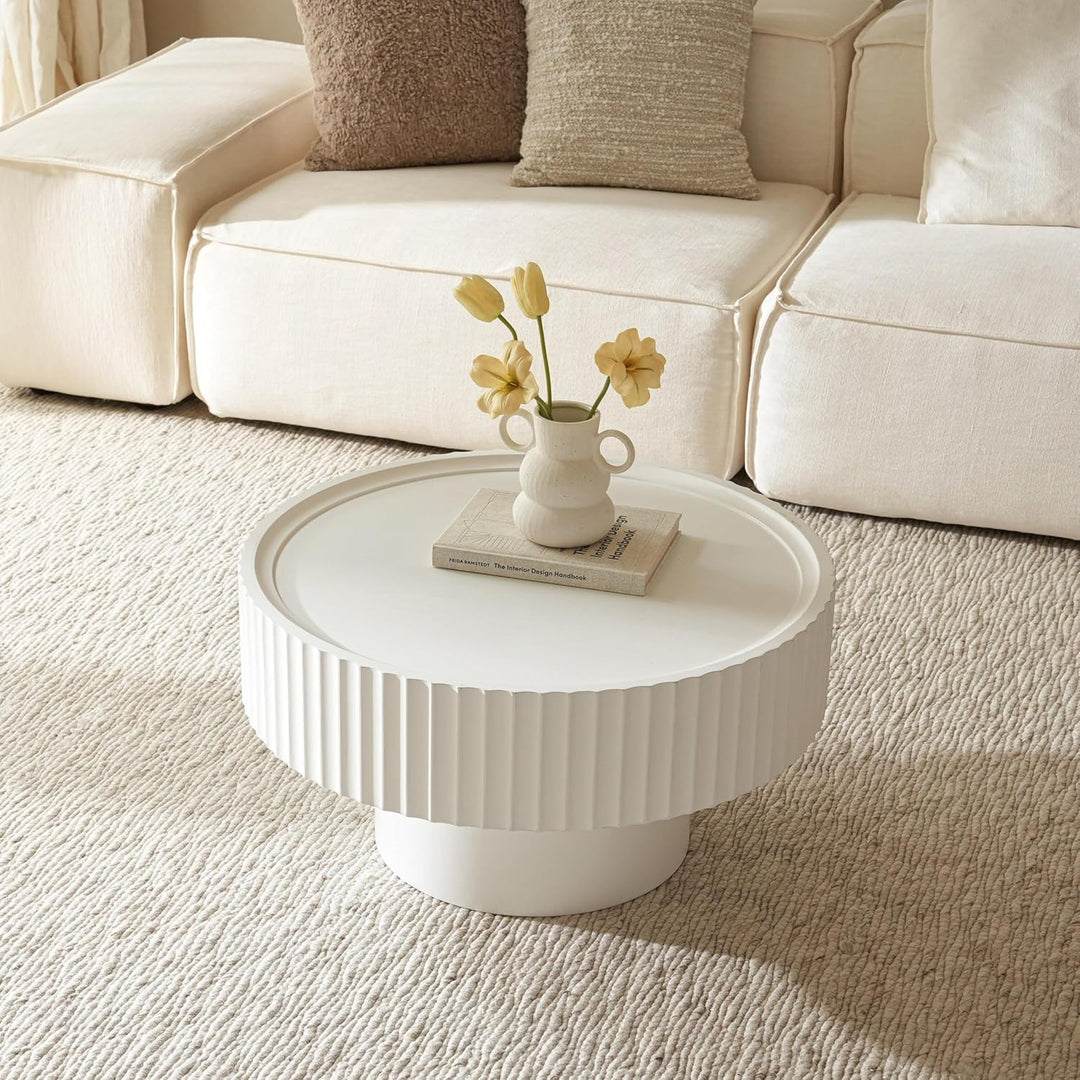 Couchtisch Rund Holz, Wohnzimmertisch Rund mit Geriffeltem Design, Coffee Table in Pilzform mit Den