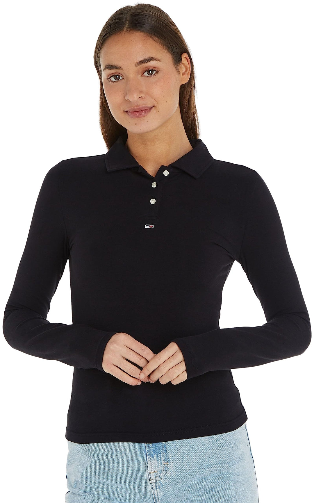 Tommy Jeans Damen Langarm Poloshirts S Schwarz, S Schwarz