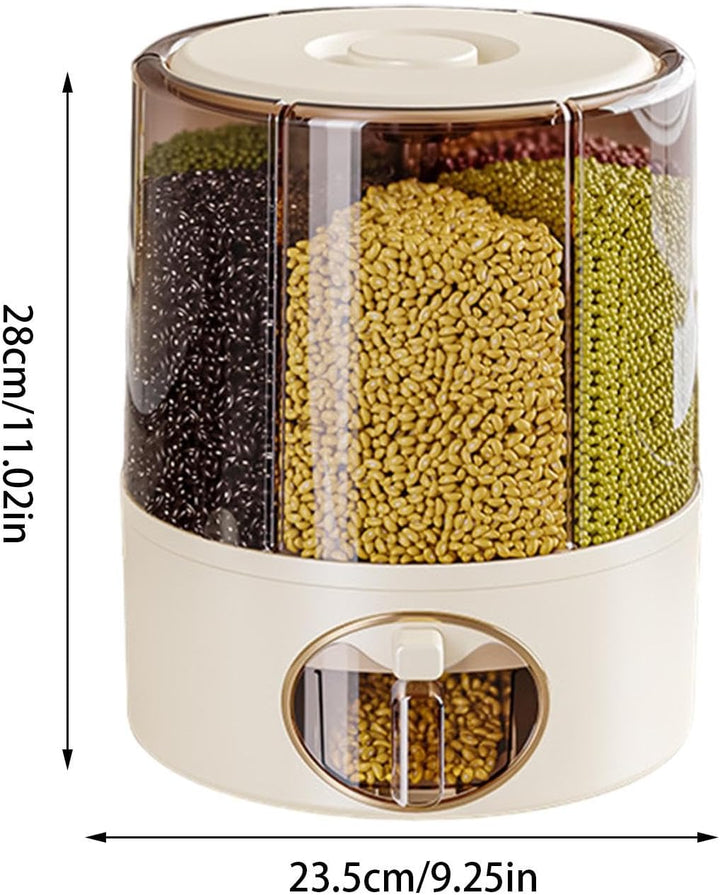 6-Grid Rotating Food Dispenser for Kitchen | -Click Rice Storage Container with Rotating Design | Mu