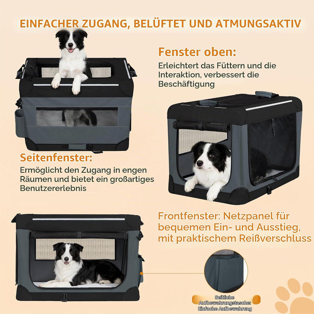 Hundebox Faltbar, 3-Türiger Transportbox Hund, 91,4 × 63,5 × 63,5 cm, Tragbare Hundetasche mit Refle