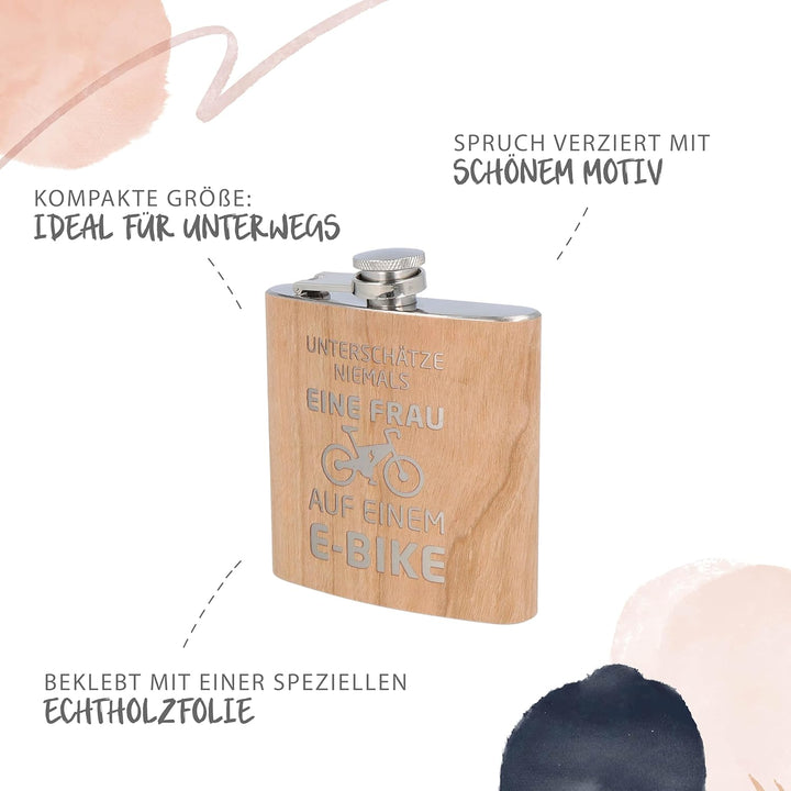 Spruchreif | Gravierter Edelstahl Flachmann | Holz Flachmann mit Gravur E-Bike | Outdoor Geschenk |