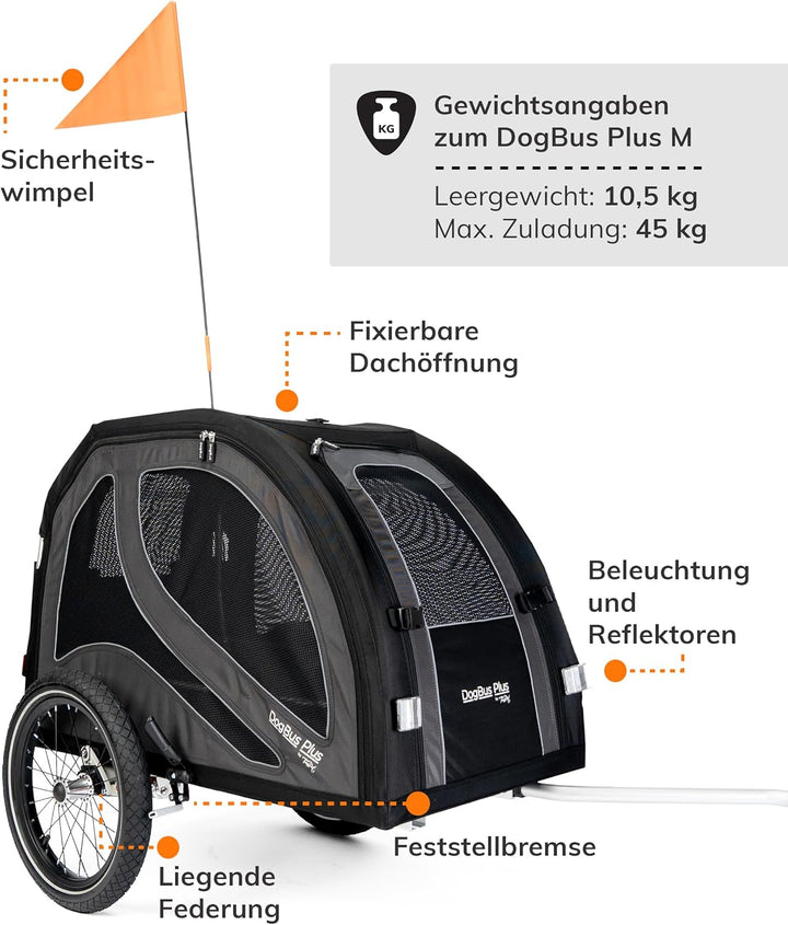 TrendPet DogBus Plus M - gefederter Aluminium Fahrradanhänger für Hunde, Hundeanhänger für mittlere