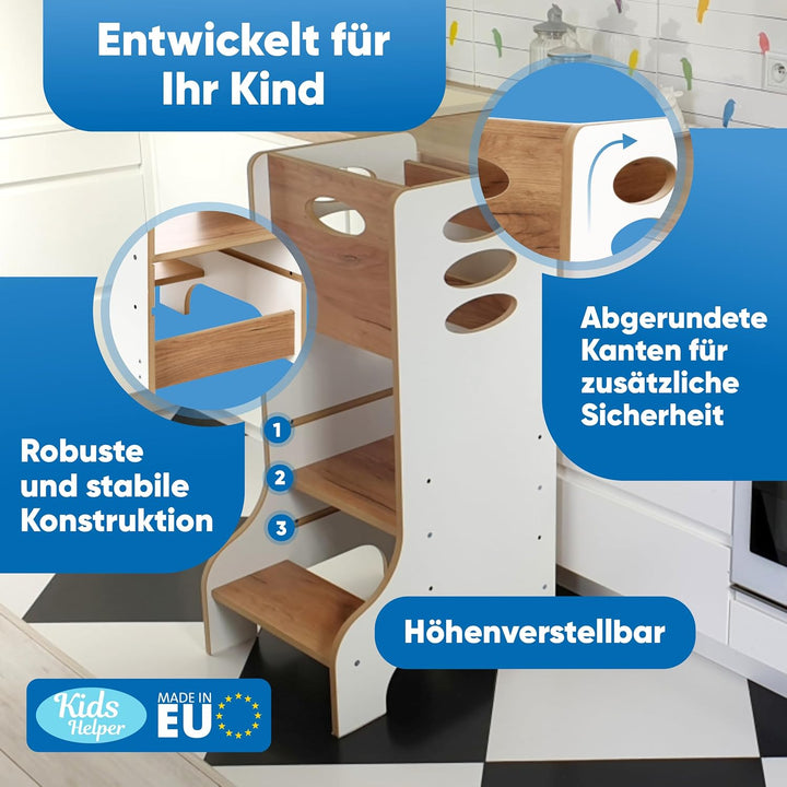 Kitchen Kids Helper Lernturm ab 1 Jahr - Höhenverstellbarer Lernturm Montessori Weiss und Eich 90cm