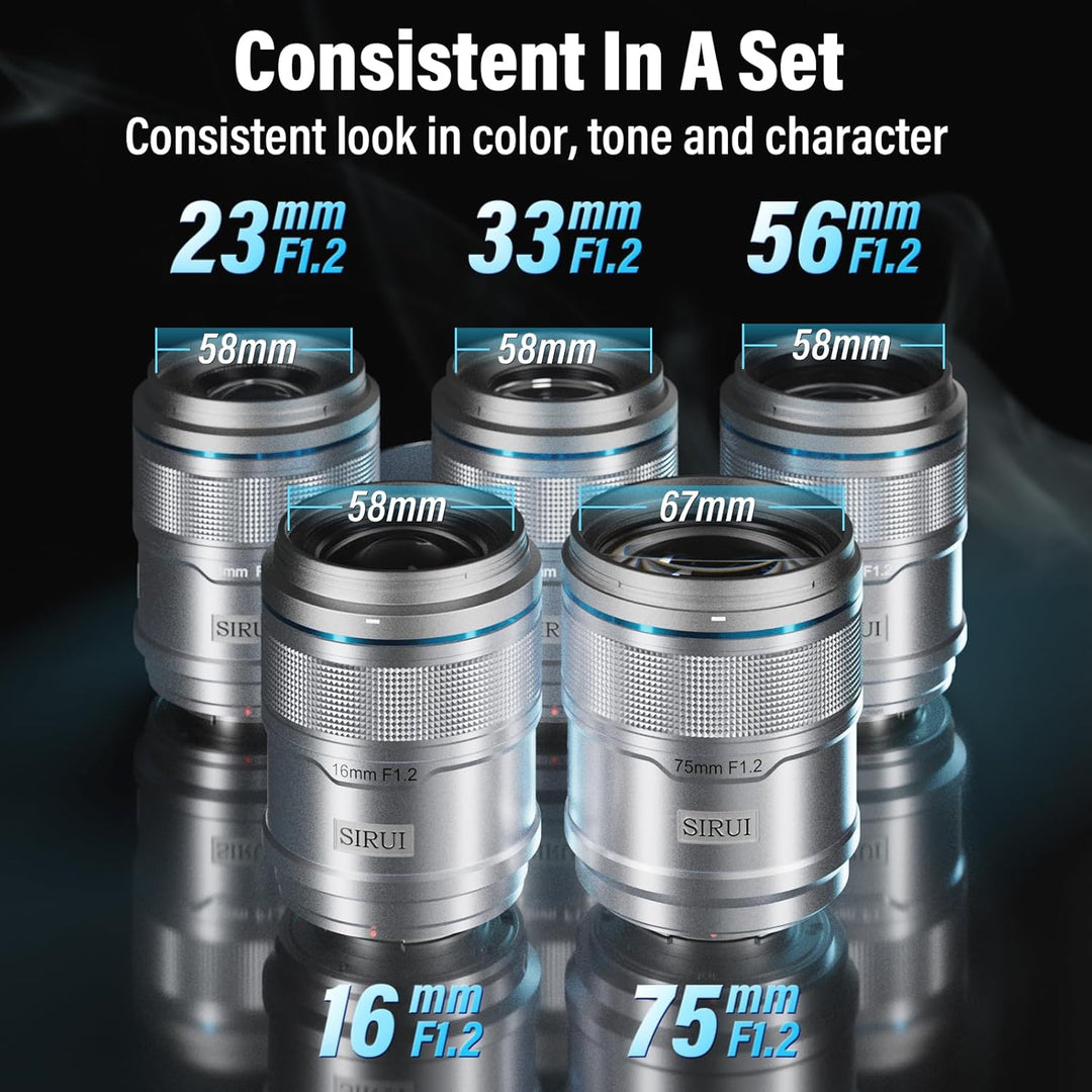 SIRUI Sniper 16 mm, 23 mm, 33 mm, 56 mm, 75 mm Autofokus-Objektiv-Set, F1.2 Weitwinkel-APS-C Kamerao