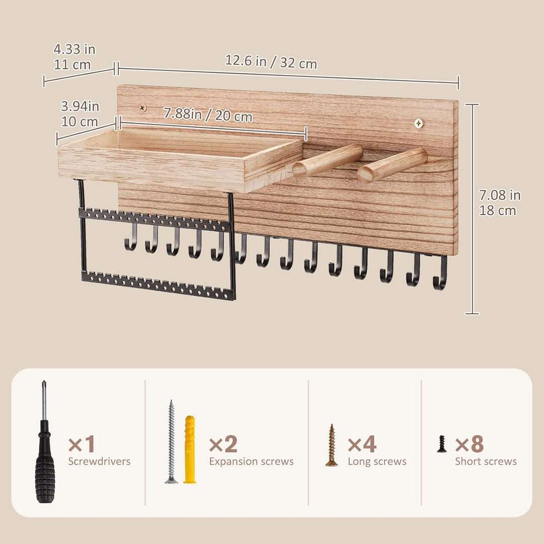 Lolalet Hängeschmuck Organizer, Hölzerne Schmuckaufbewahrungsregal mit 15 Haken, Wandmontierte Halsk