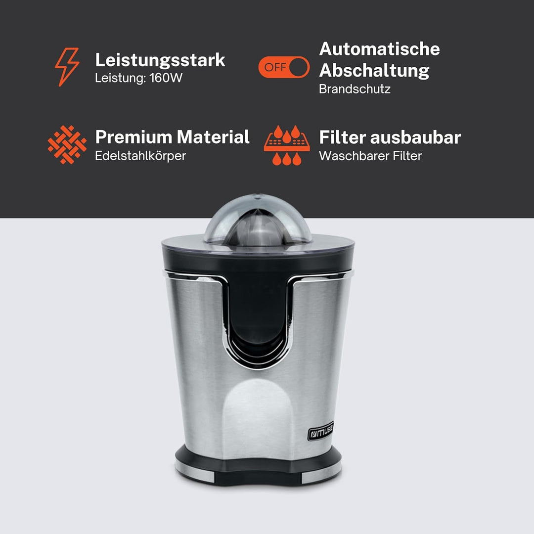 Muse MS-10 CP Power Juicer, Fruchtsaftpresse aus Edelstahl, Schwarz und Chrom, Hohe Leistung und Eff