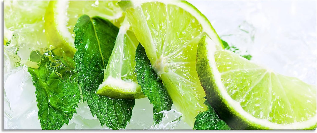 Glasbild Panorama | Wandbild aus Echtglas | Limetten und Minze im Eis | 100x40 cm | inkl. Aufhängung