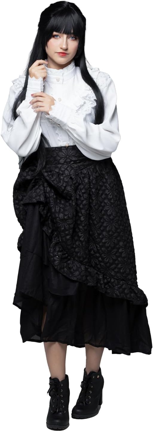 Fiamll Damen Viktorianisch Bluse Vintage Schleifenhemd Stehkragen mit Ruff Langarmshirt Mittelalter
